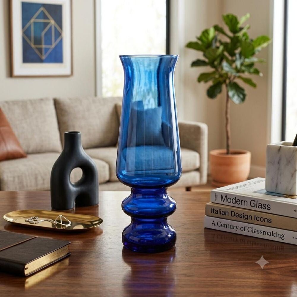 Vintage Cobalt Blue Glass Vase Mid Century Empoli Pedestal 8 Inch